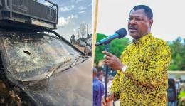 Car that was damaged by goons in Bungoma County (left) and NA Speaker Moses Wetang'ula.